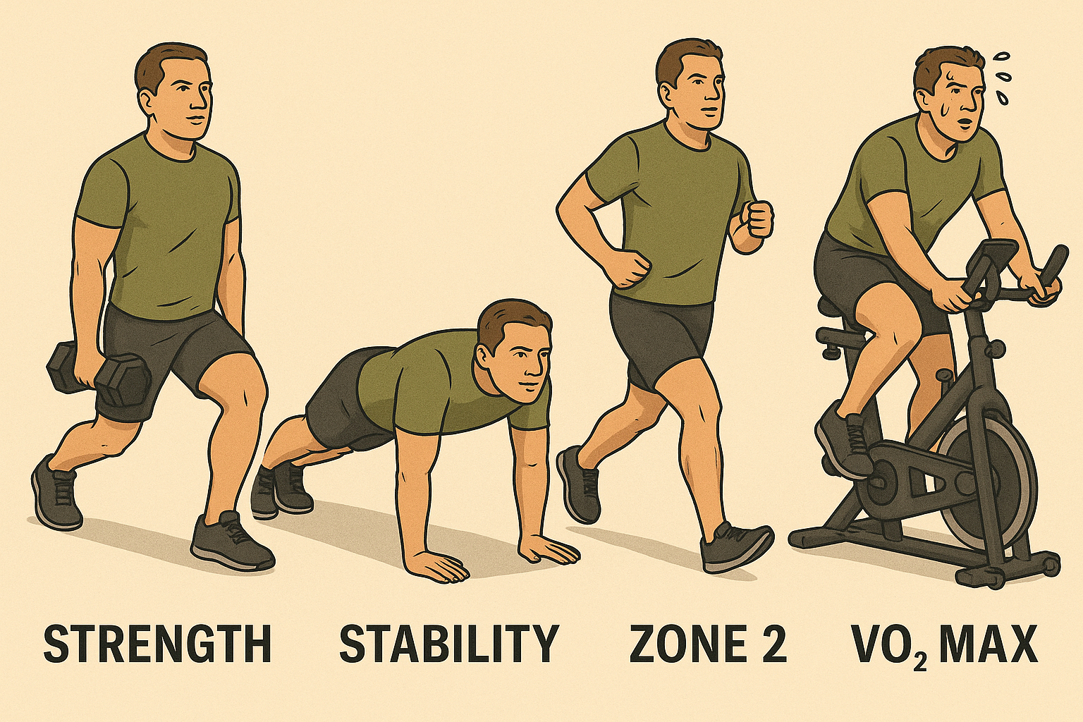 Four Pillars of Longevity Fitness for Men Over 40 A middle-aged man performing the four key exercise types for longevity: dumbbell lunges for strength, plank for stability, jogging for Zone 2 cardio, and indoor cycling for VO₂ max.