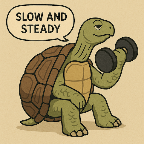 Slow and Steady Longevity Training – Tortoise Workout Cartoon tortoise sitting and performing a bicep curl with a dumbbell, smiling calmly with a speech bubble that says “Slow and Steady,” symbolizing patient, consistent strength training.